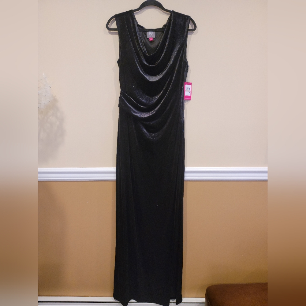 Vince Camuto women's evening gown, black glitter, size 12, full ankle length